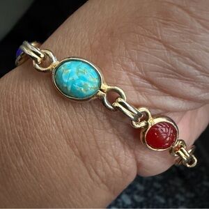 Vintage Egyptian Revival Carved Scarab Faux Multi-colored Stones Gold Bracelet